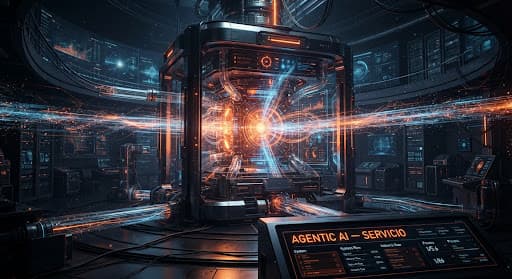 Visualización cinematográfica de un proceso industrial de IA, con flujos de datos brillantes que convergen en un núcleo central. Iluminación oscura y evocadora, con acentos naranjas vibrantes sobre superficies metálicas cepilladas. Estética limpia, tecnológica y minimalista.