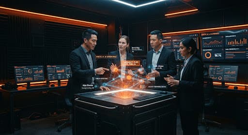 A high-tech digital workspace featuring minimalist interface designs on multiple sleek monitors. The room is dark with glowing orange accents from LED strips and data visualizations. Professionals in sharp business attire are collaborating over a holographic 3D model representing information flow and security protocols. The aesthetic is industrial-tech, precise, and authoritative, reflecting Kinetic AI's corporate identity.