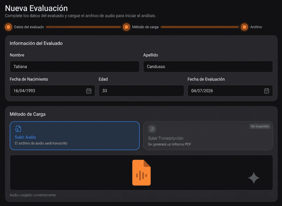 Pantalla de inicio de una nueva evaluación