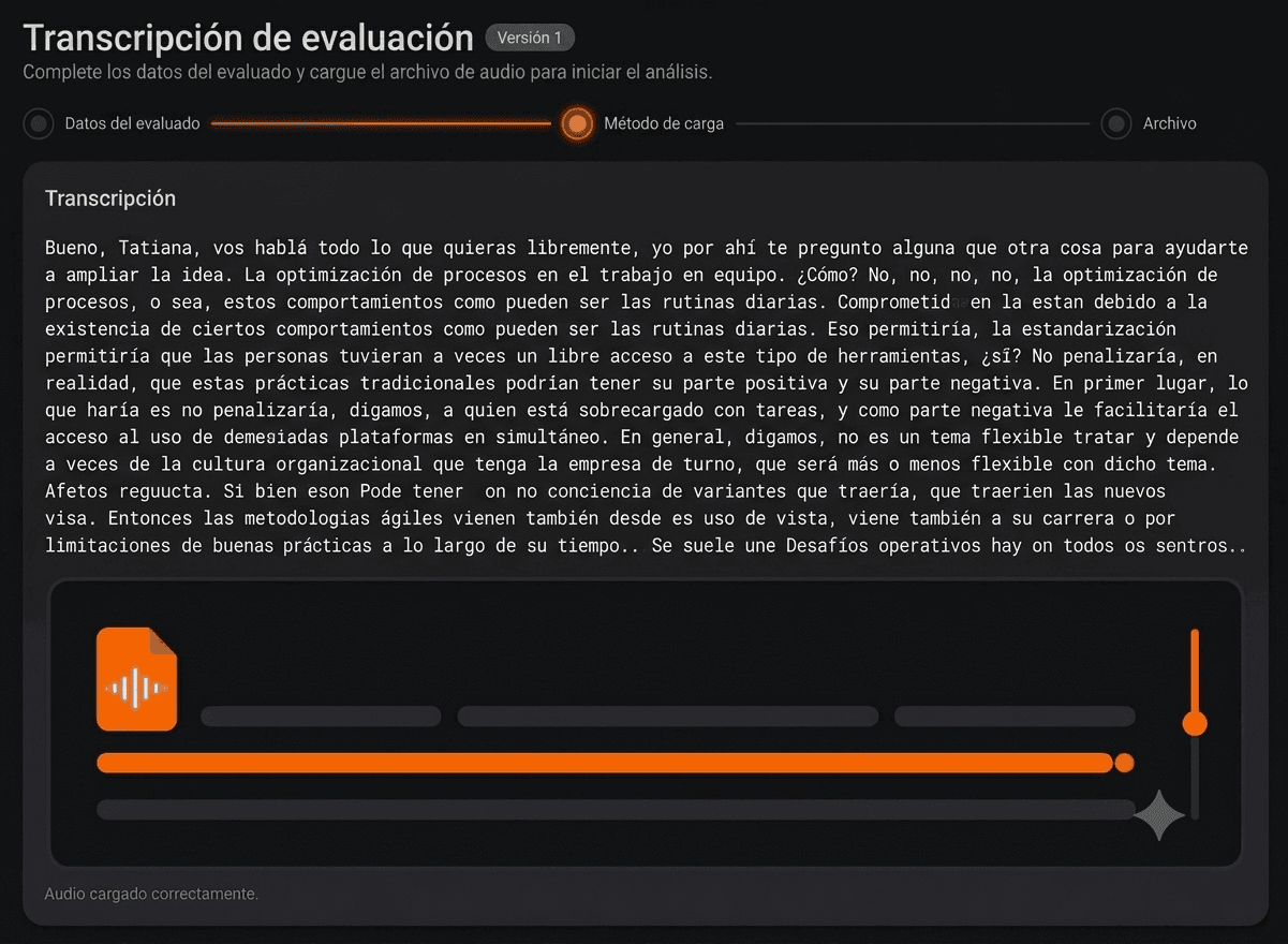 Pantalla de transcripción del audio de la entrevista
