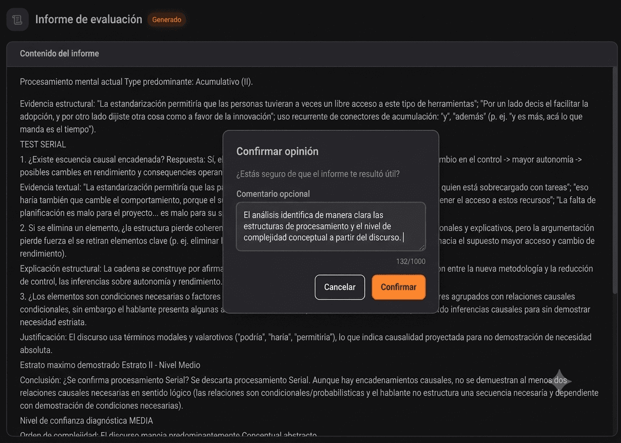 Informe cognitivo generado con evidencias textuales