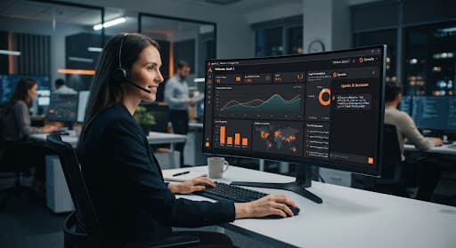 Interfaz de oficina moderna que muestra un panel de atención al cliente sofisticado con visualizaciones de datos y un chatbot superpuesto. Iluminación corporativa suave, dominada por grises y negros profundos con acentos naranjas.