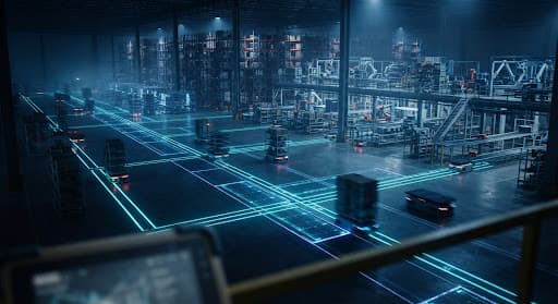 Almacén industrial oscuro con sistemas robóticos automatizados y flujos de datos brillantes a lo largo del piso. Iluminación dramática que enfatiza la escala y precisión de las operaciones logísticas modernas.