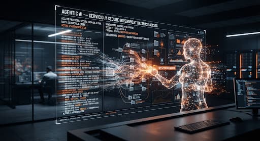 Visualización abstracta de una base de datos gubernamental segura siendo accedida por un agente de IA inteligente. Pantallas holográficas que muestran flujos de datos encriptados. Estética corporativa oscura con acentos blancos y naranjas.